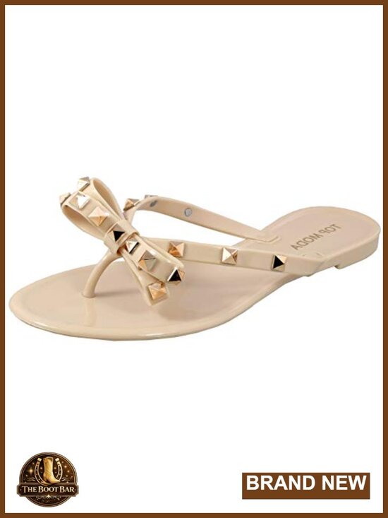 Shoes - Studded Jelly Flip Flops Sandals with Bow - Lightweight Vegan Flat